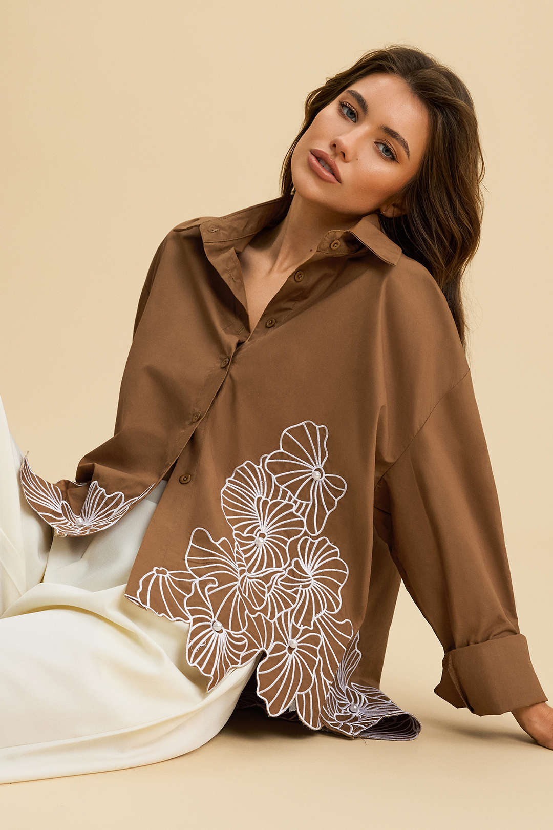 Asymmetrical Embroidery Button Long-Sleeve Shirt 