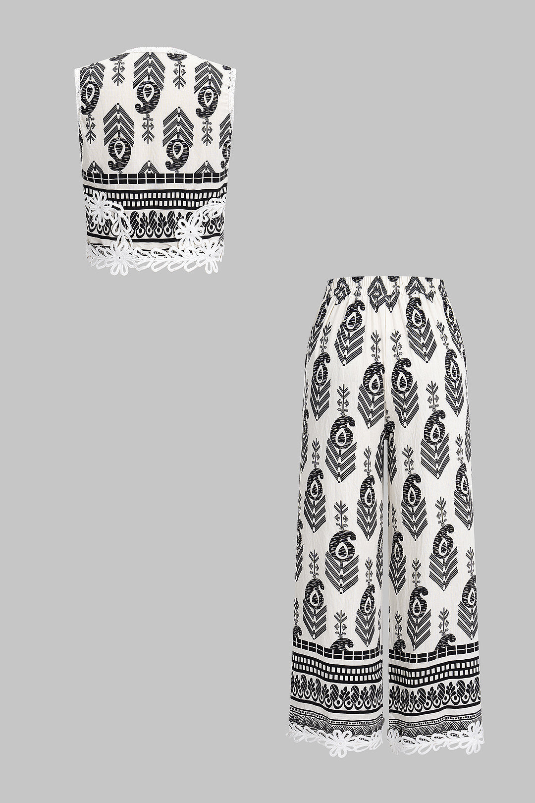 Artistic Contrast Print Flower Applique Trim Sleeveless Top And Pants Set 