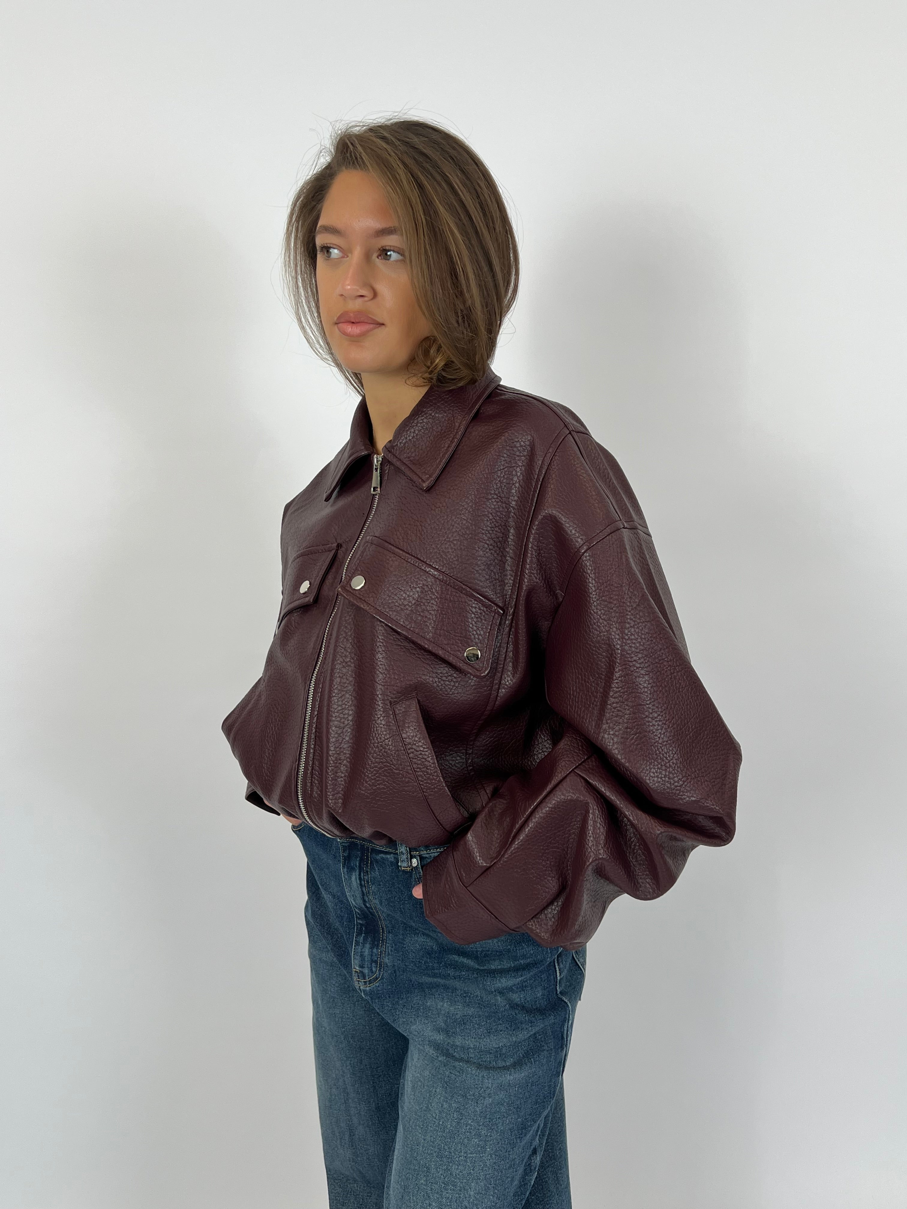PUFFY LEATHER BOMBER BORDEAUX