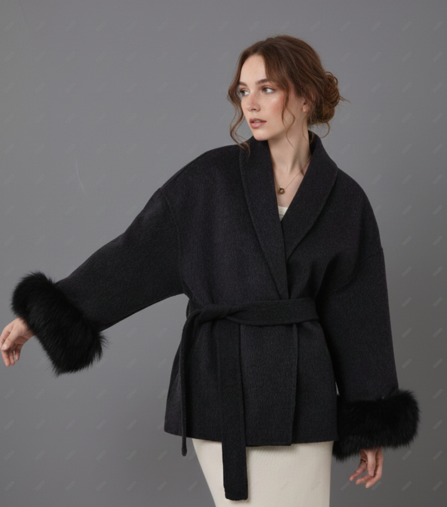 Elegant Wool Wrap Coat – Women’s Short Oversized Coat