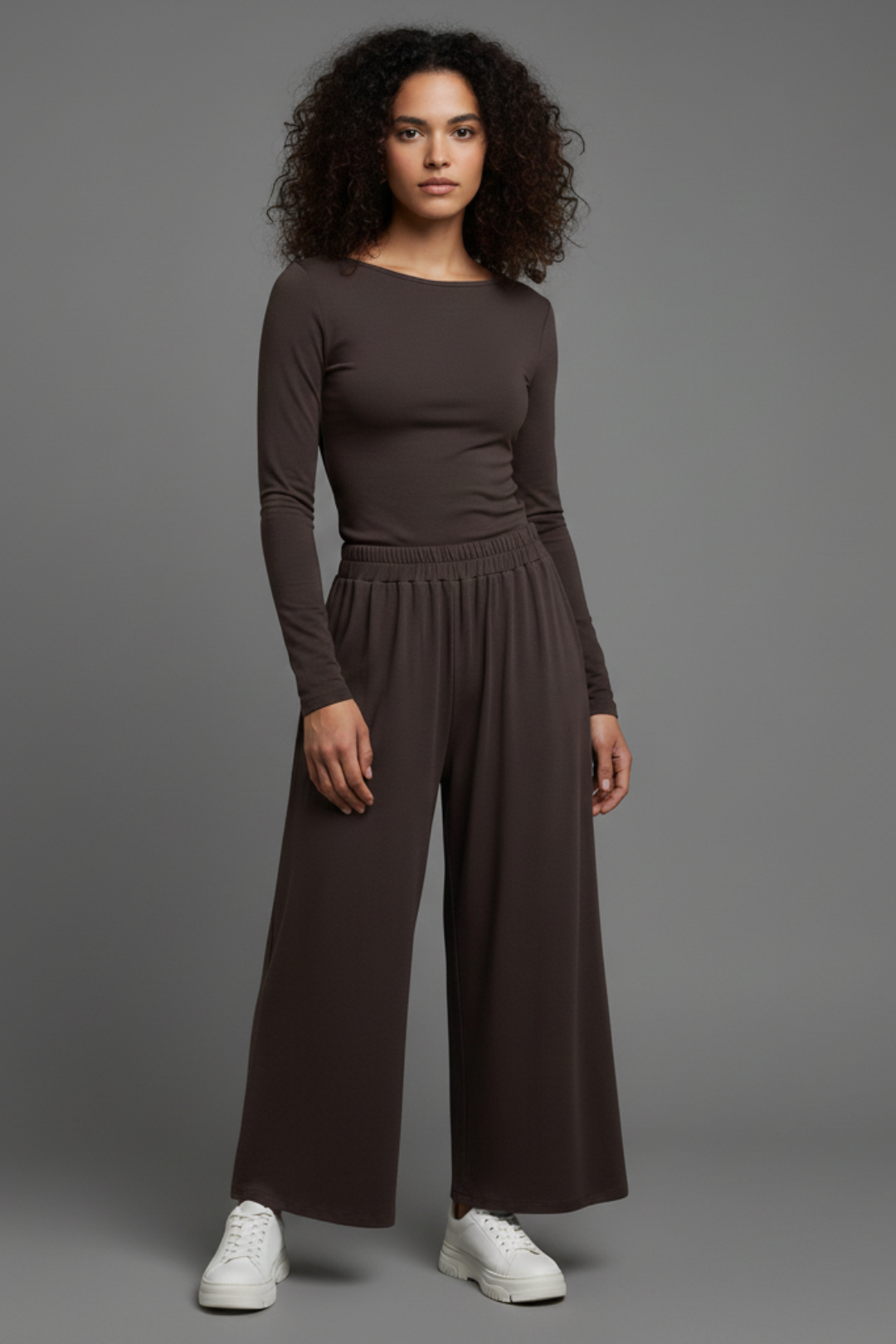 Basic Round Neck Long-Sleeve Top And Shirred Waistband Wide Leg Pants Set 