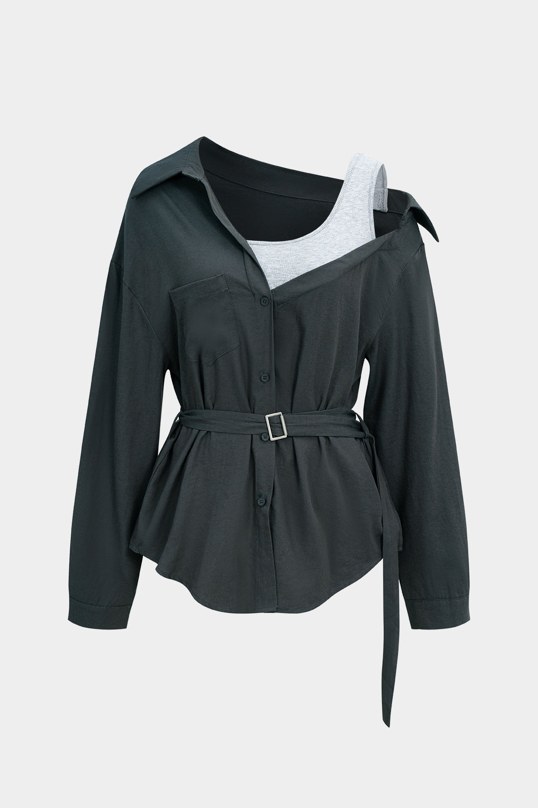 Belted Button Fake Pocket Long-Sleeve Shirt 