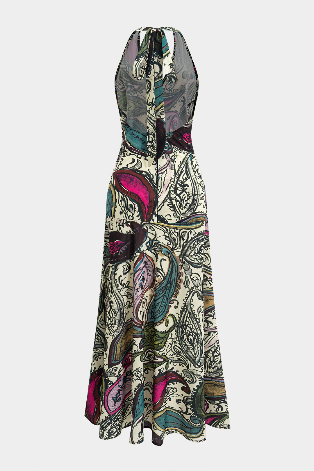 Abstract Print Chiffon Halter Neck Tie-Up Backless Sleeves Maxi Dress 