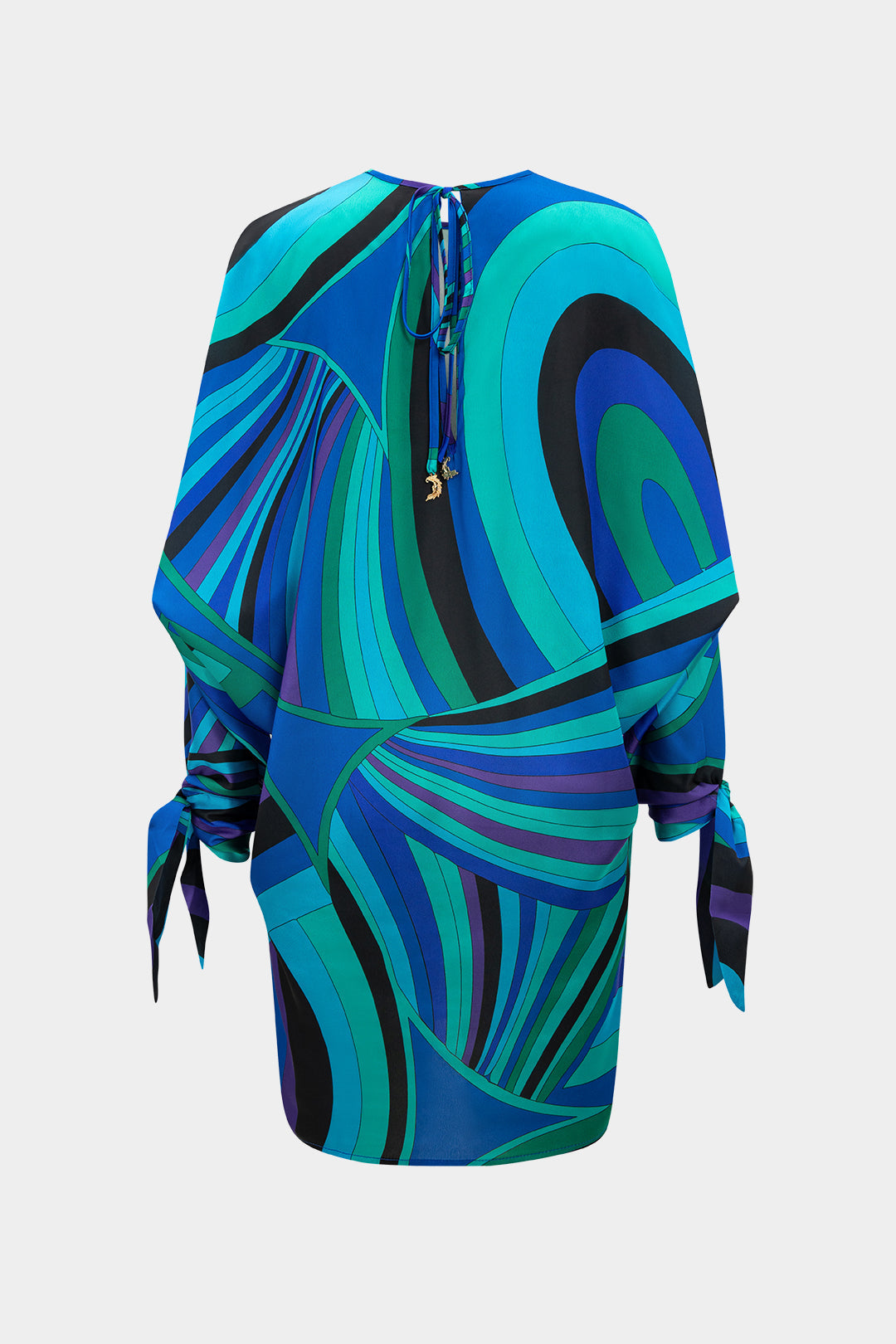 Abstract Color Block Print Tie-Up Long Sleeve Mini Dress 