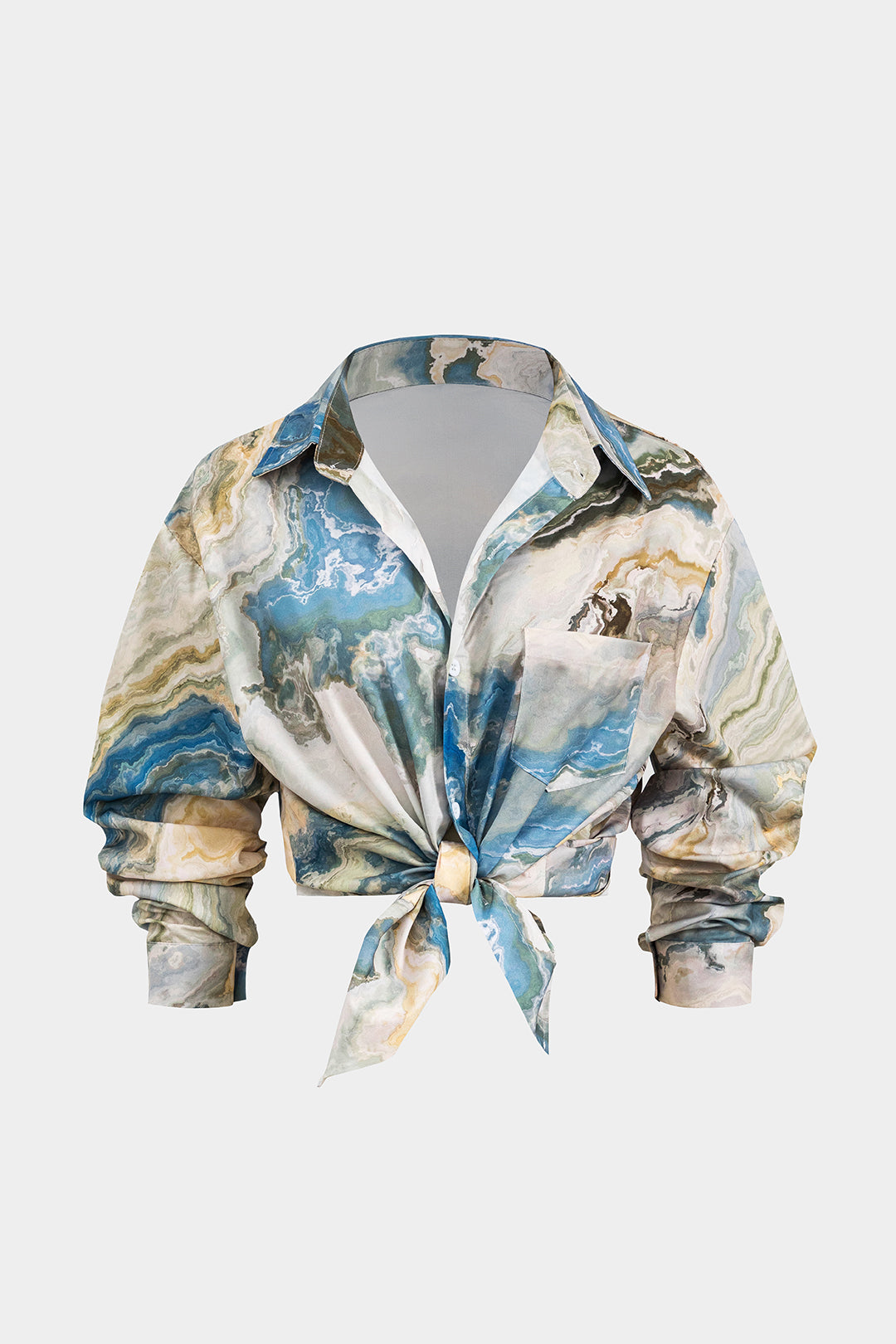 Abstract Print Satin Pocket Long-Sleeve Shirt 