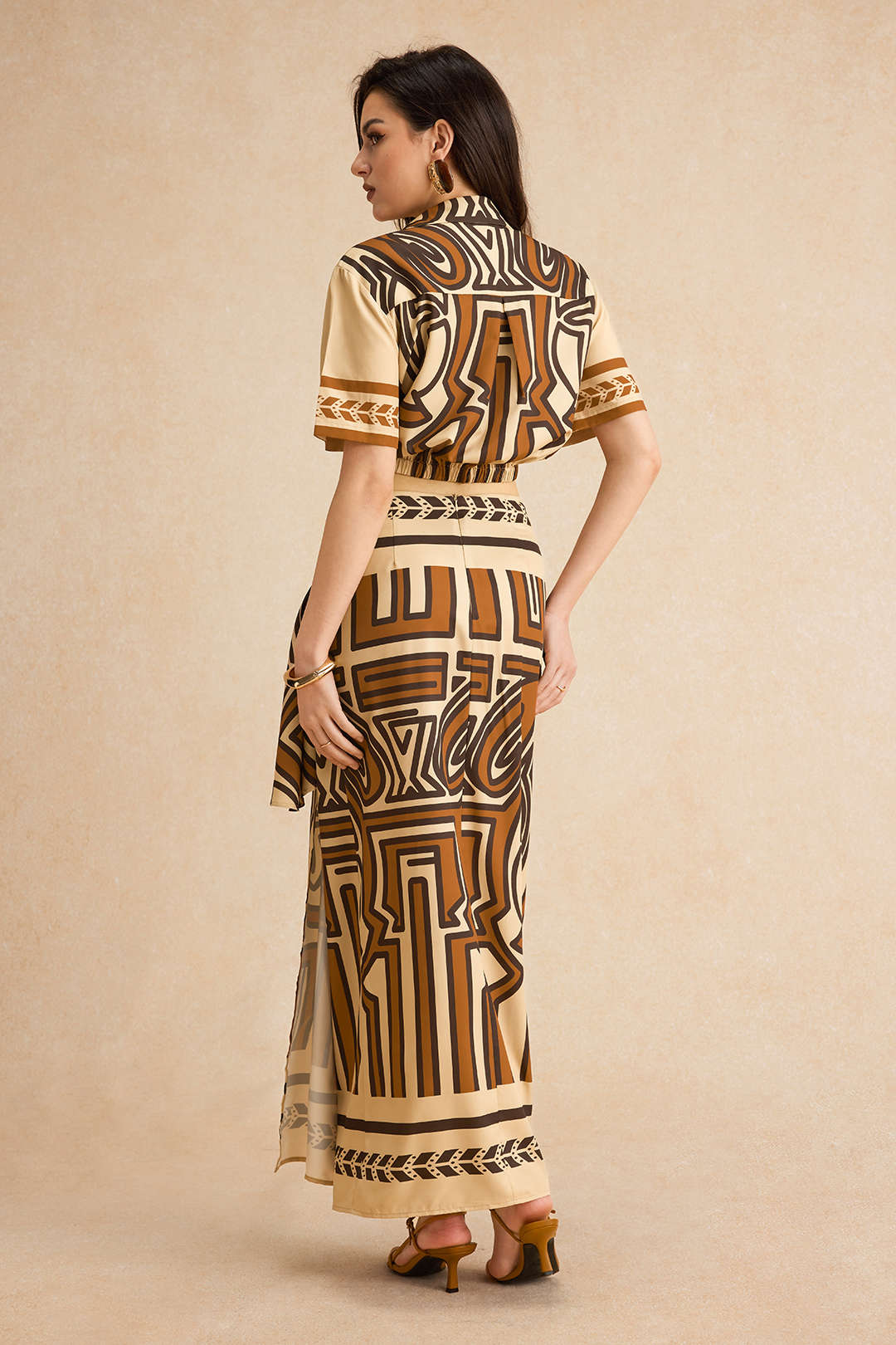 Bohemian print tie front short sleeve shirt 