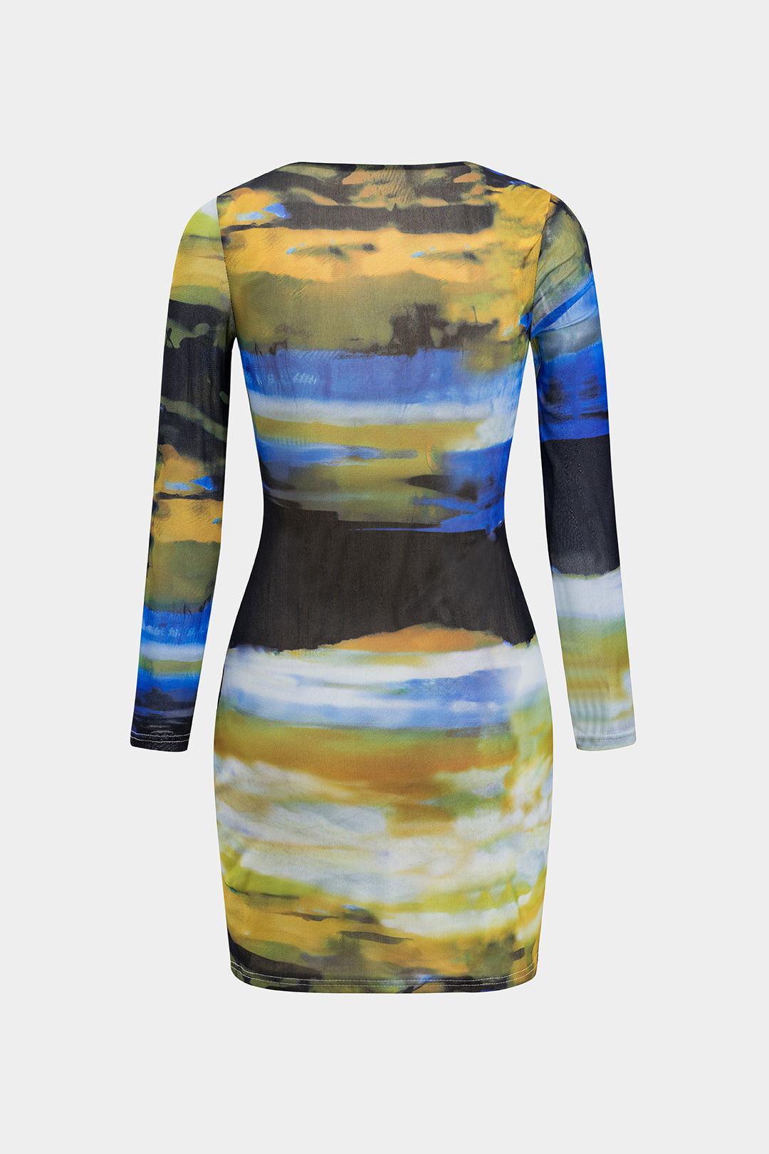 Abstract print mesh ruffled cut-out mini dress with long sleeves 