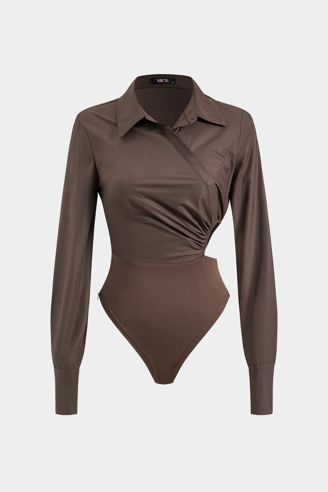 Asymmetric patchwork ruffled cut-out bodysuit with long sleeves 