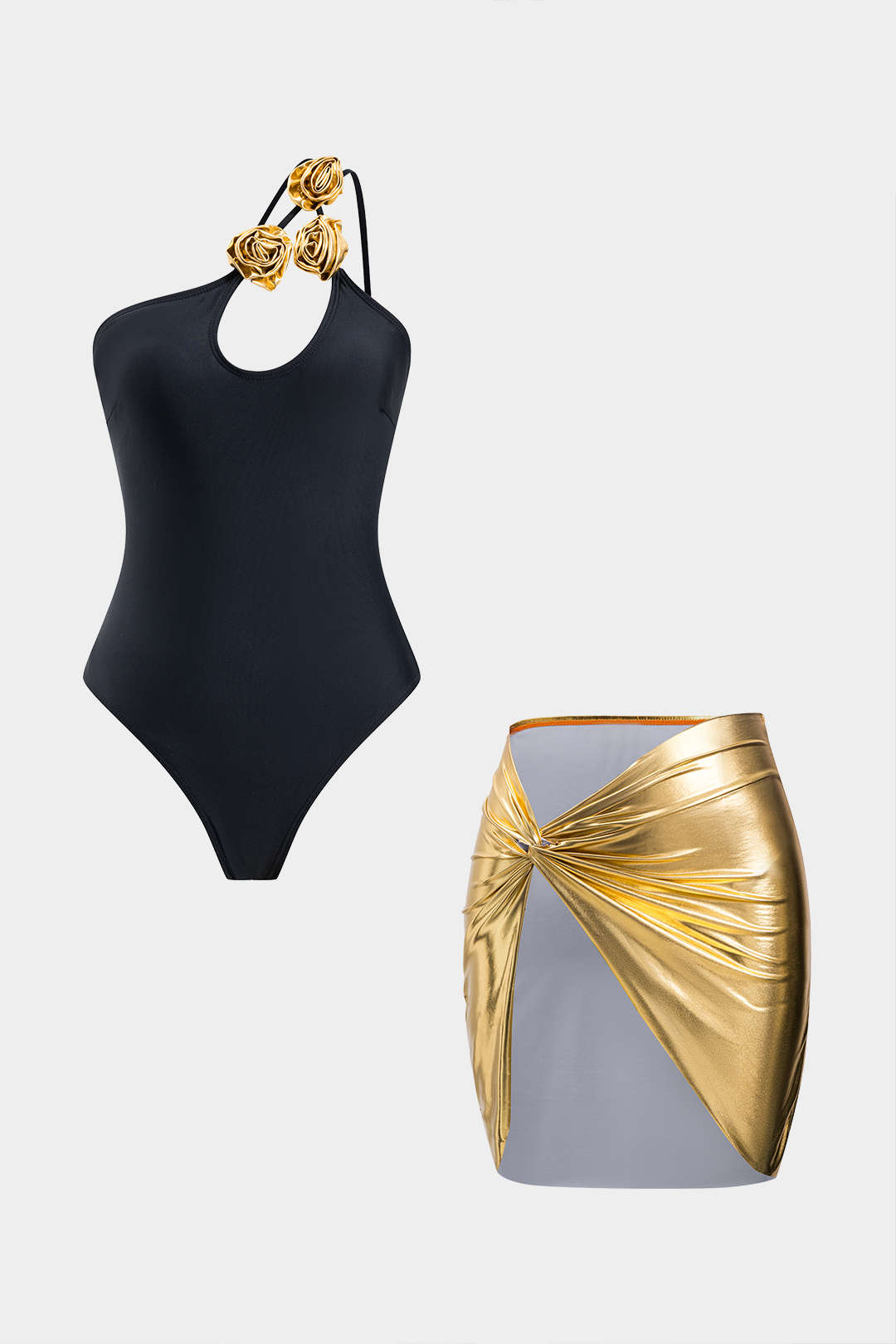 3D Flower Asymmetrical Swimsuit And Twist Knot Skirt Bikini Set 