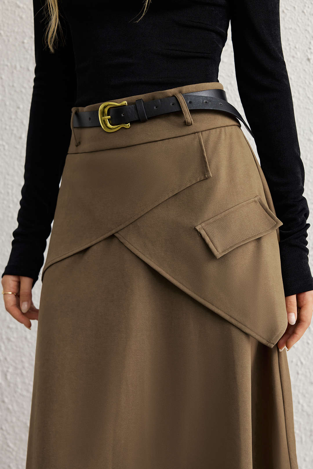 Belted Asymmetrical Ruched High Waist Skirt 