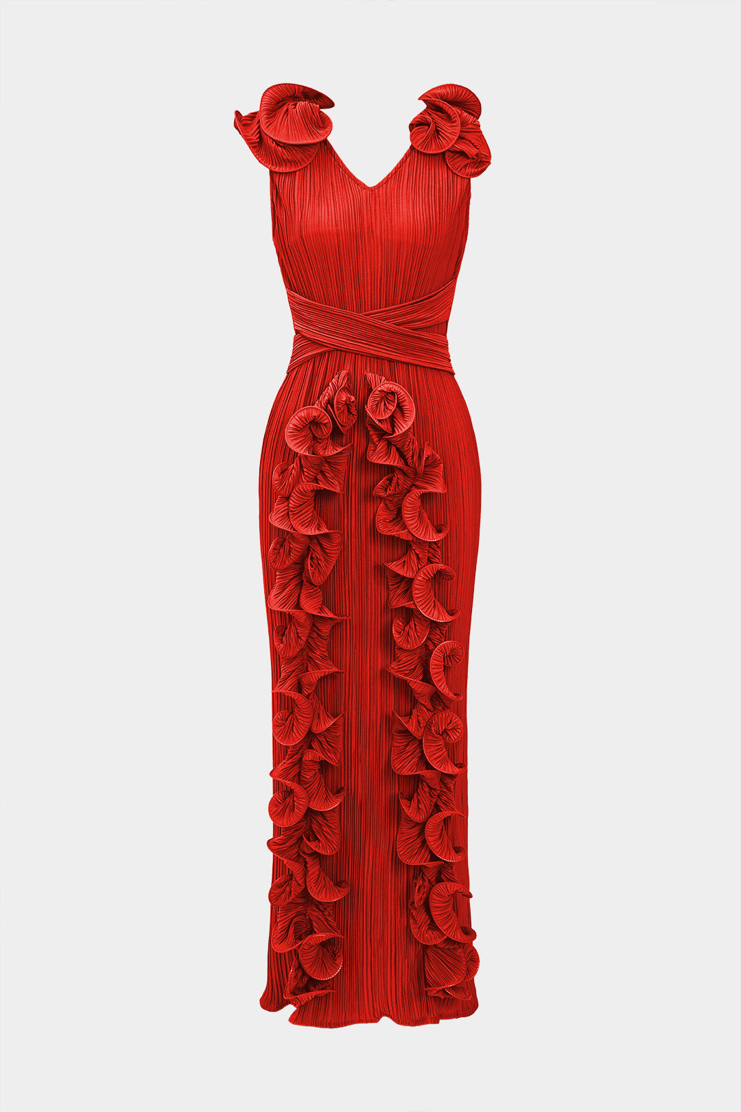 Midi dress with 3D flowers and V-neck 