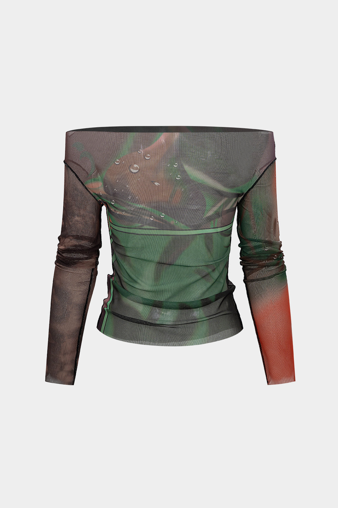 Summary Pattern Mesh Off Shoulder Long Sleeve Top 