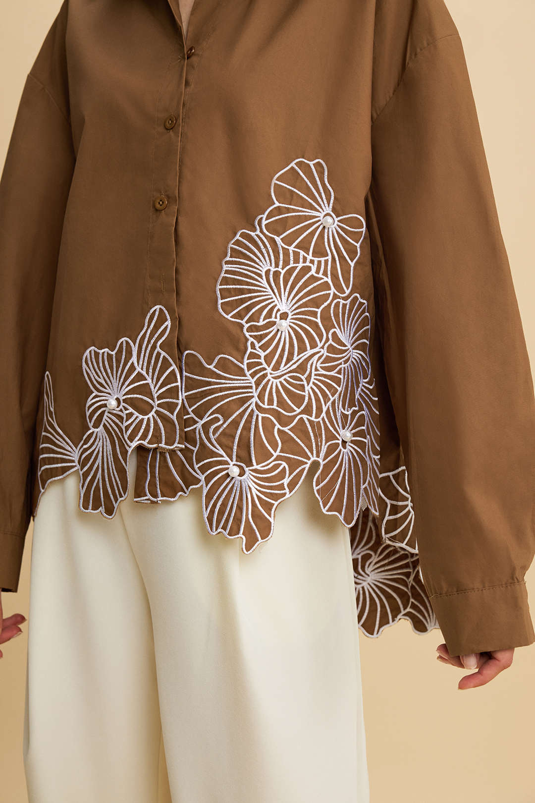 Asymmetrical Embroidery Button Long-Sleeve Shirt 