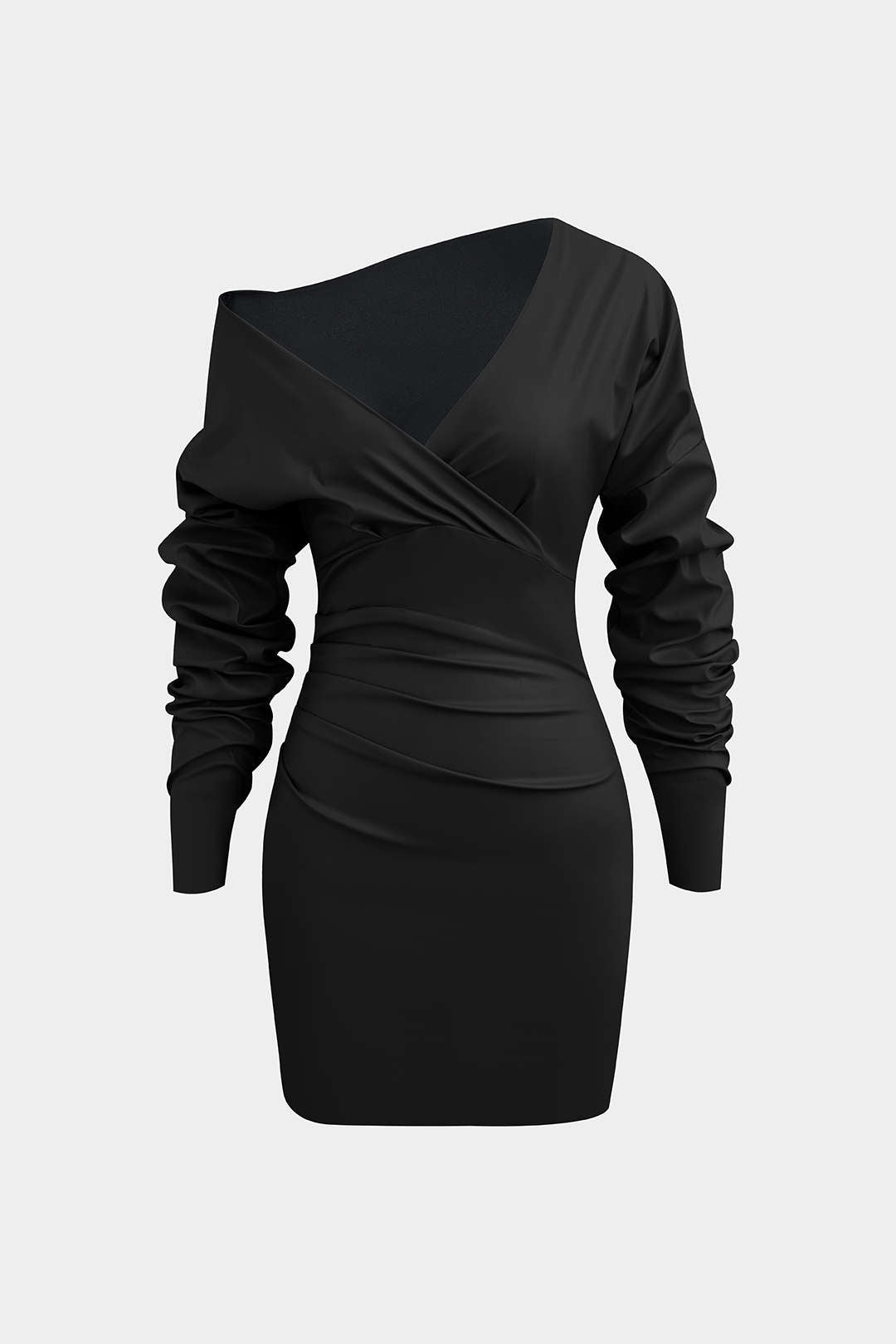 Asymmetrical faux leather V-neck gathered mini dress 