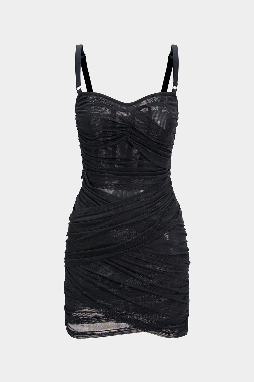 Asymmetrical Ruched Mesh Sleeveless Mini Dress 
