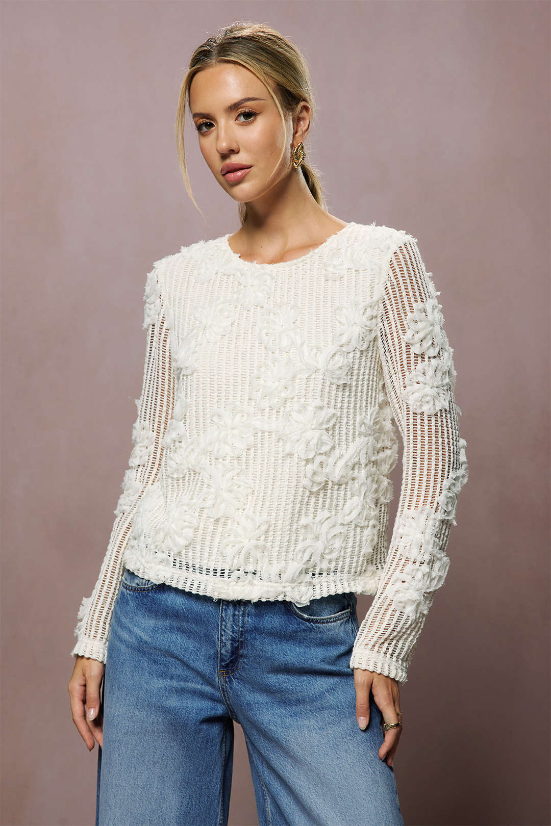 3D Floral Tie-Back Long-Sleeve Top 