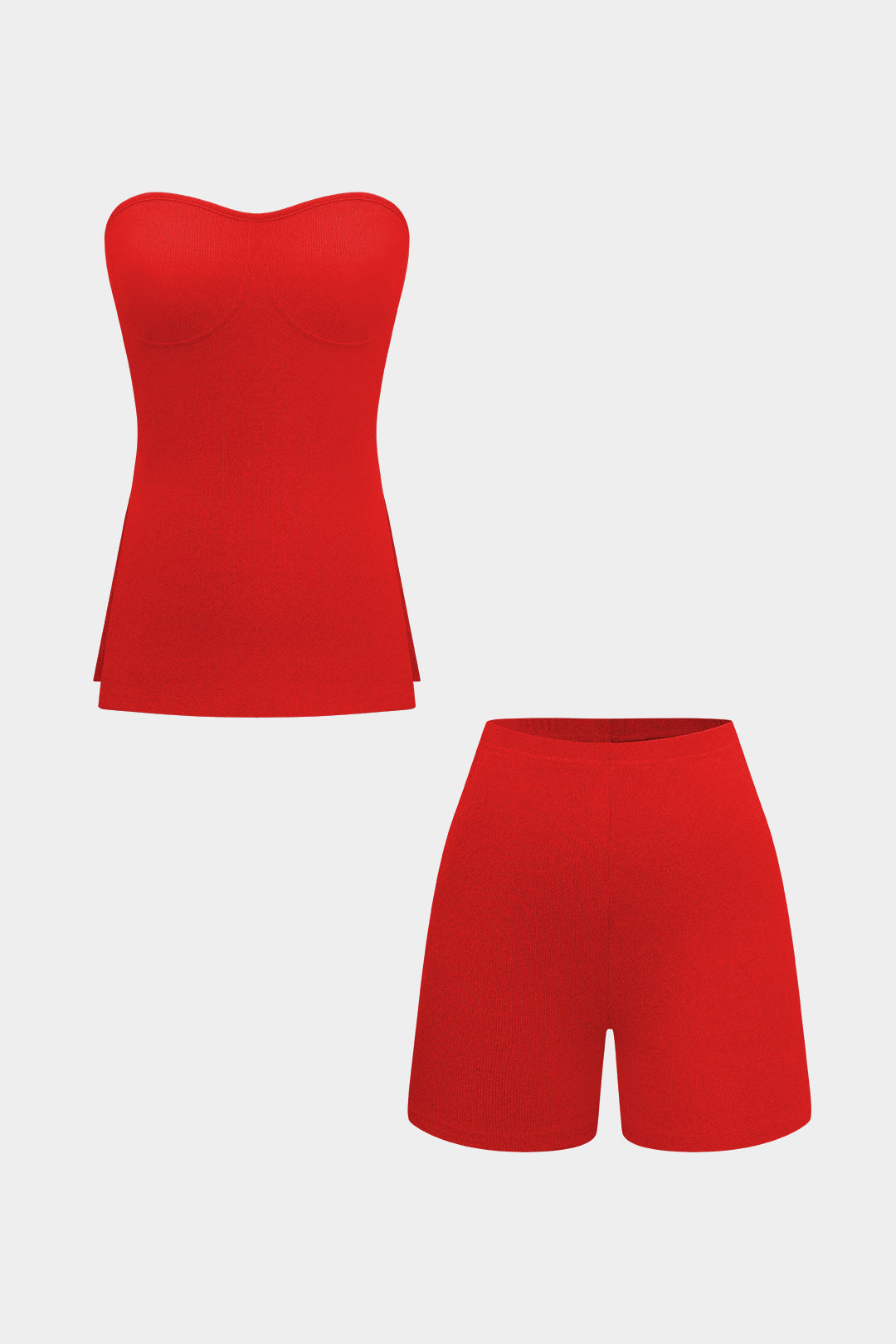 Basic Solid Breath Split Strapless Top and Shorts Set 