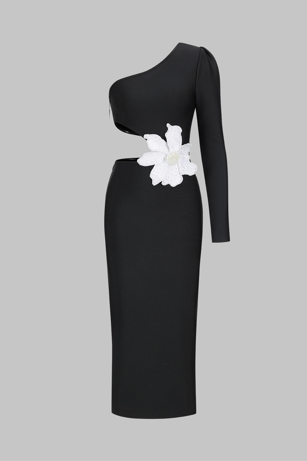 3D Flower One Shoulder Cut Out Asymmetrical Long Sleeve Maxi Dress 