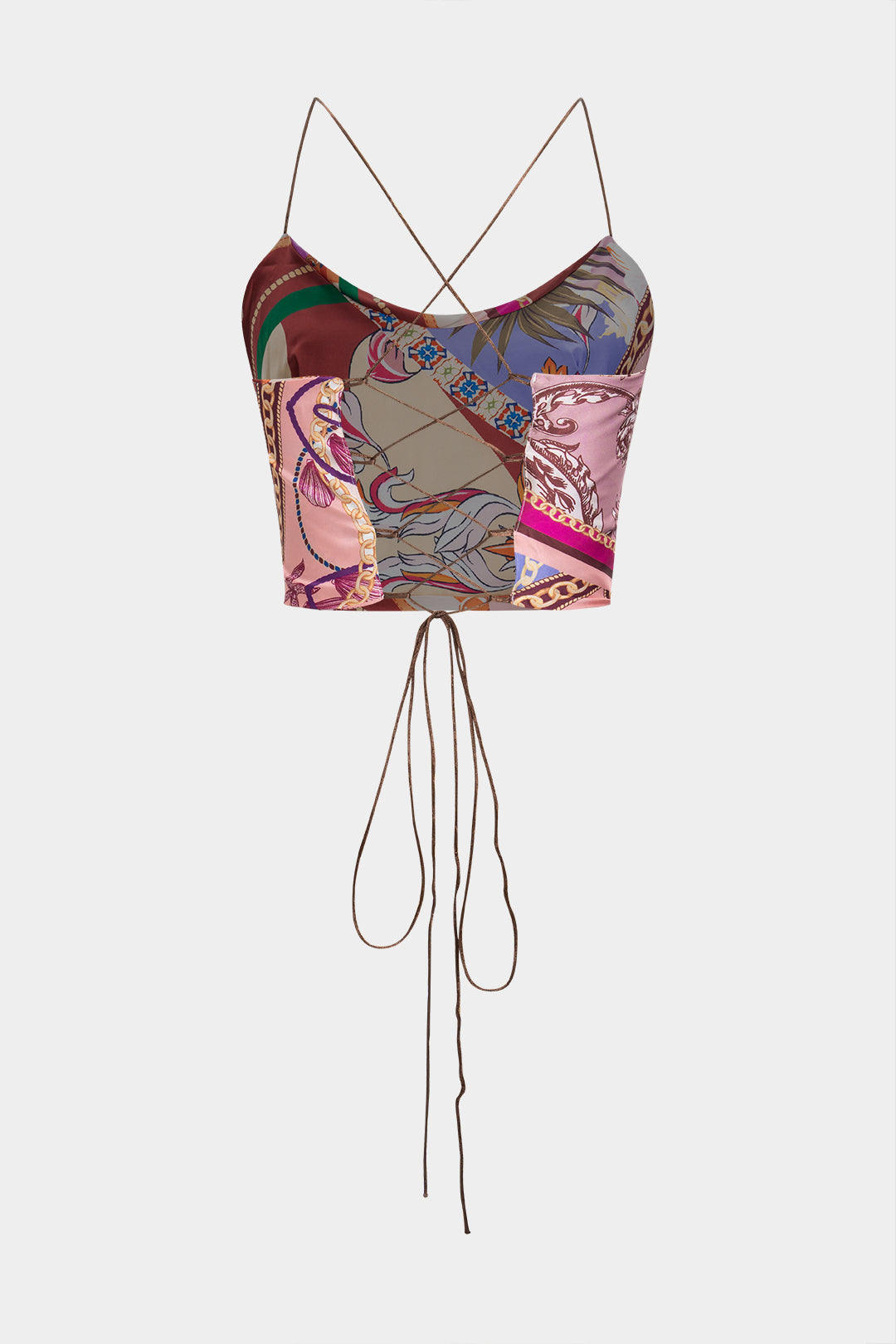 Abstract print backless tie-up top and pants set 