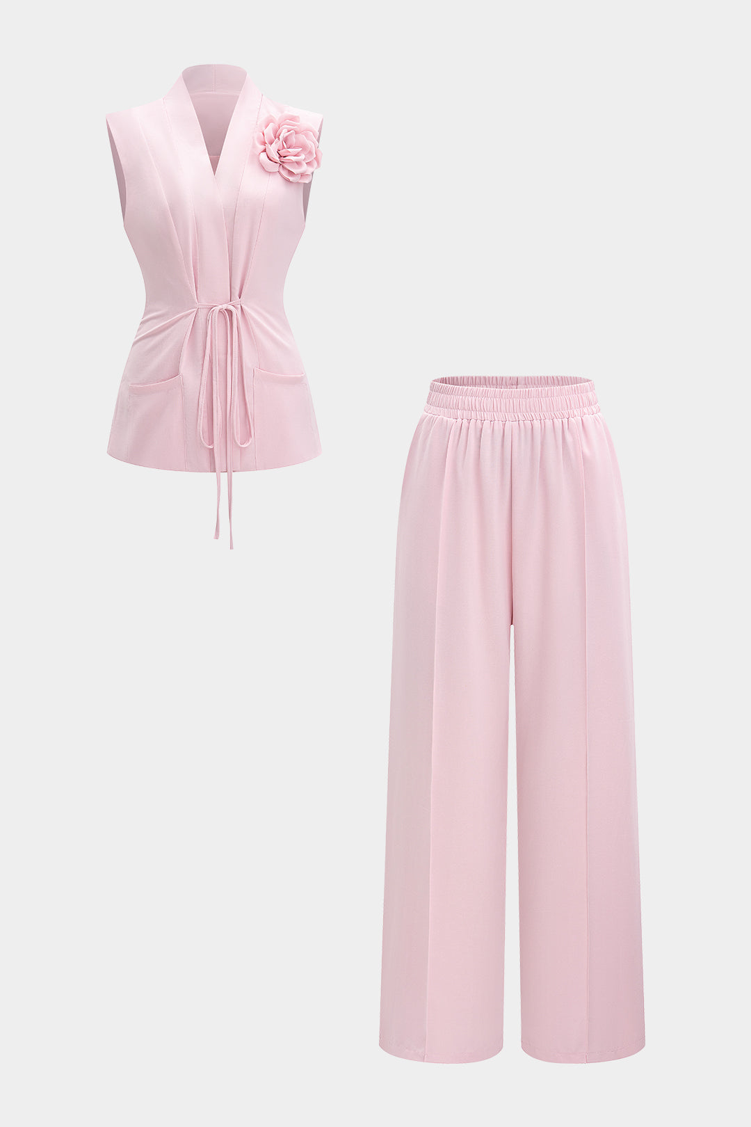 3D Floral Tie-Up V-Neck Tank Top and Pants Set 