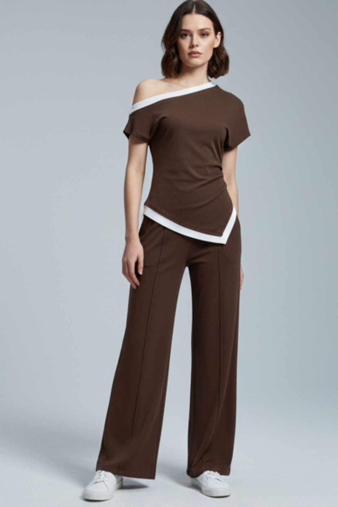 Asymmetrical Ruched Short-Sleeve Top And Shirred Waistband Pants Set 