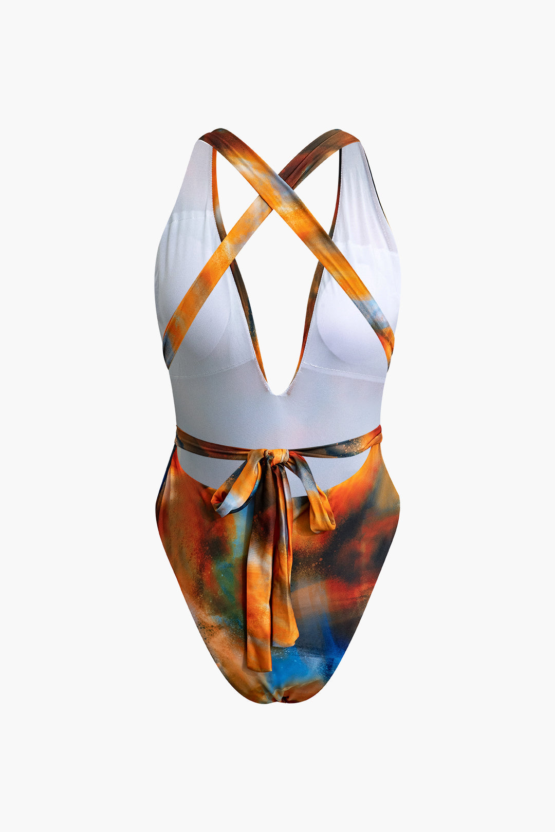 Abstract Print V-Neck Cross Back Tie-Down Swimsuit and Mesh Mini Sarong Skirt Set 