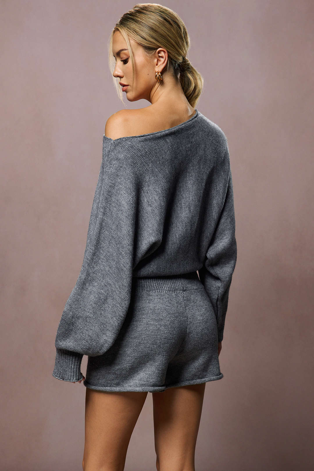 Boat Neck Sweater Long-Sleeve Top And Shorts Set 