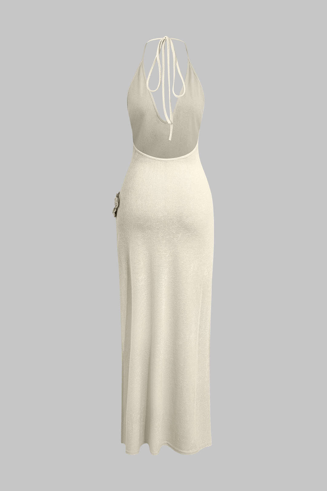 Maxi dress with 3D flowers and a V-neck without back and slit 