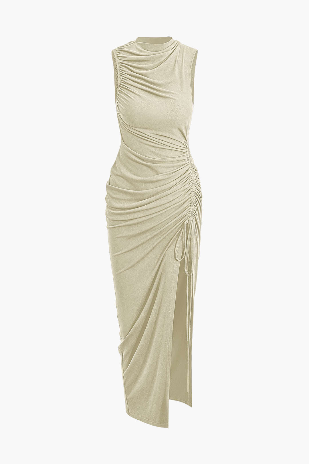 Asymmetric sleeveless maxi dress with ruffles and a drawstring slit 