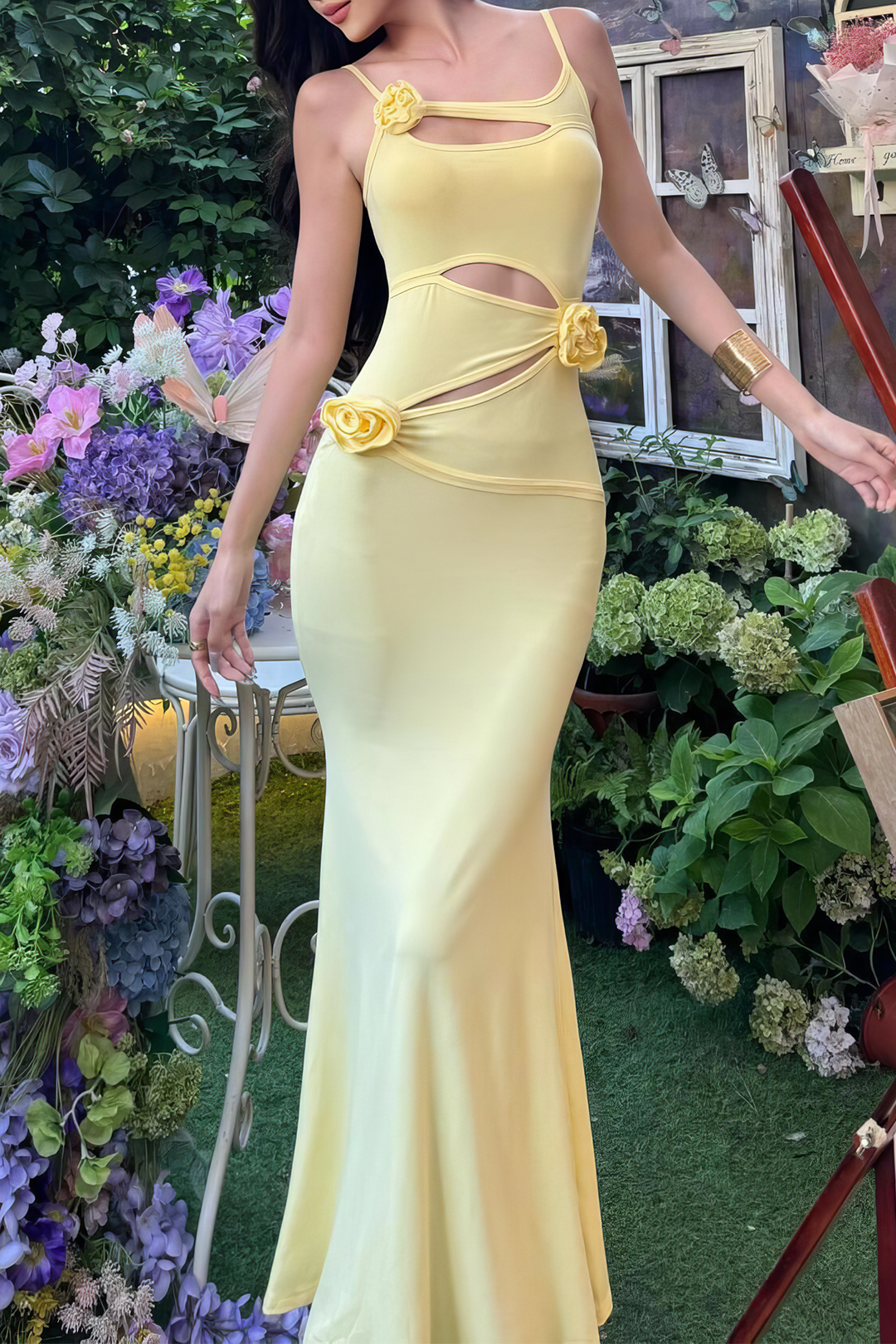 3D floral cut-out slip sleeveless mermaid maxi dress 