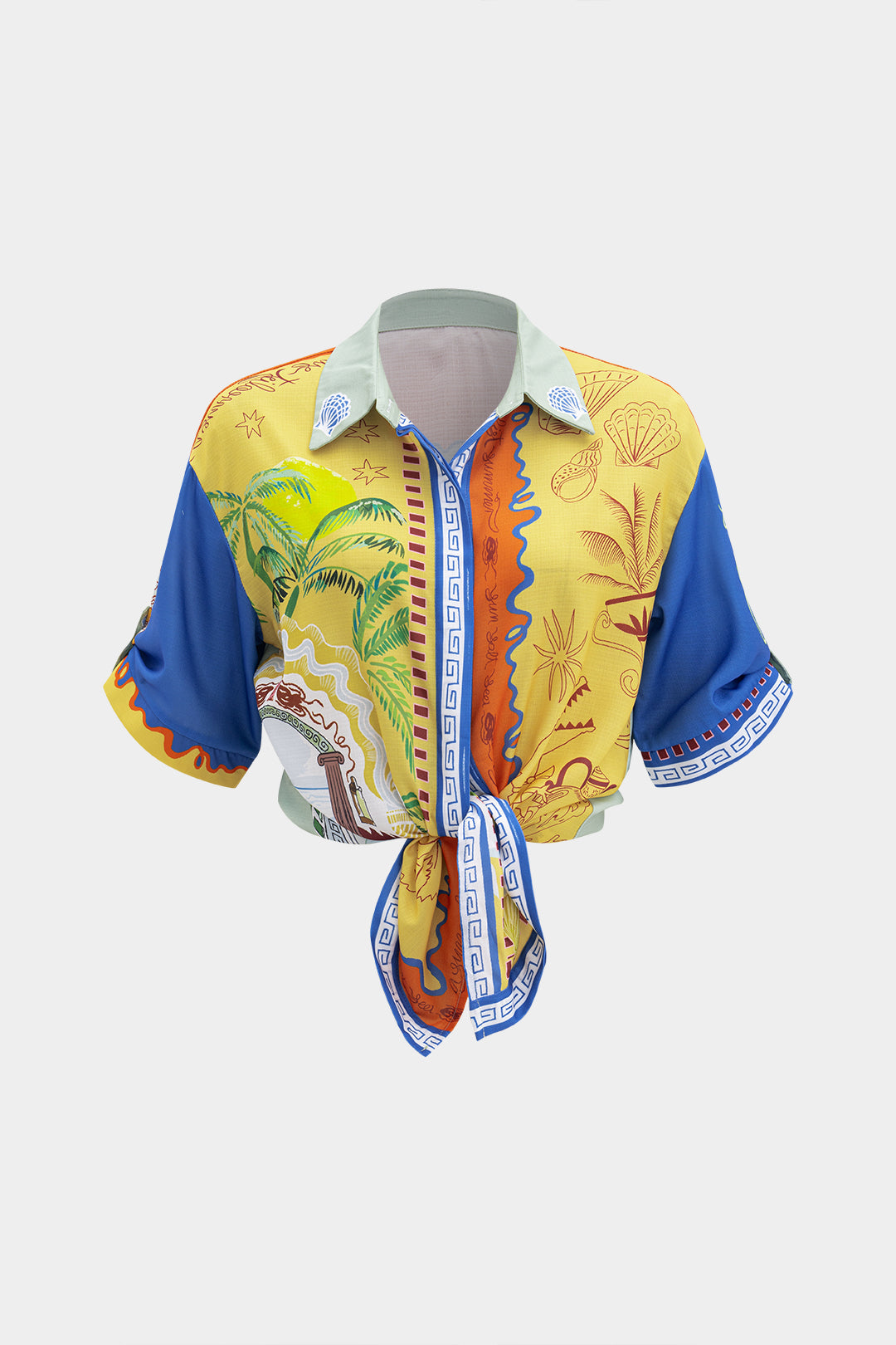 Abstract Print Tie-Up Short Sleeve Shirt And Pants Set