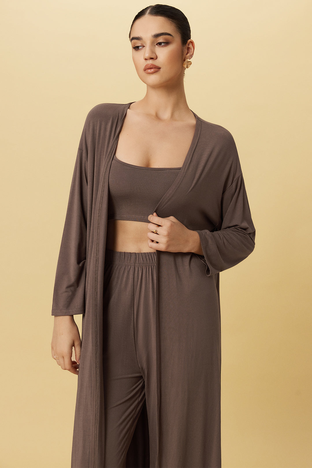 Basic Solid Cami Top And Long-Sleeve Cardigan And Trousers Set 
