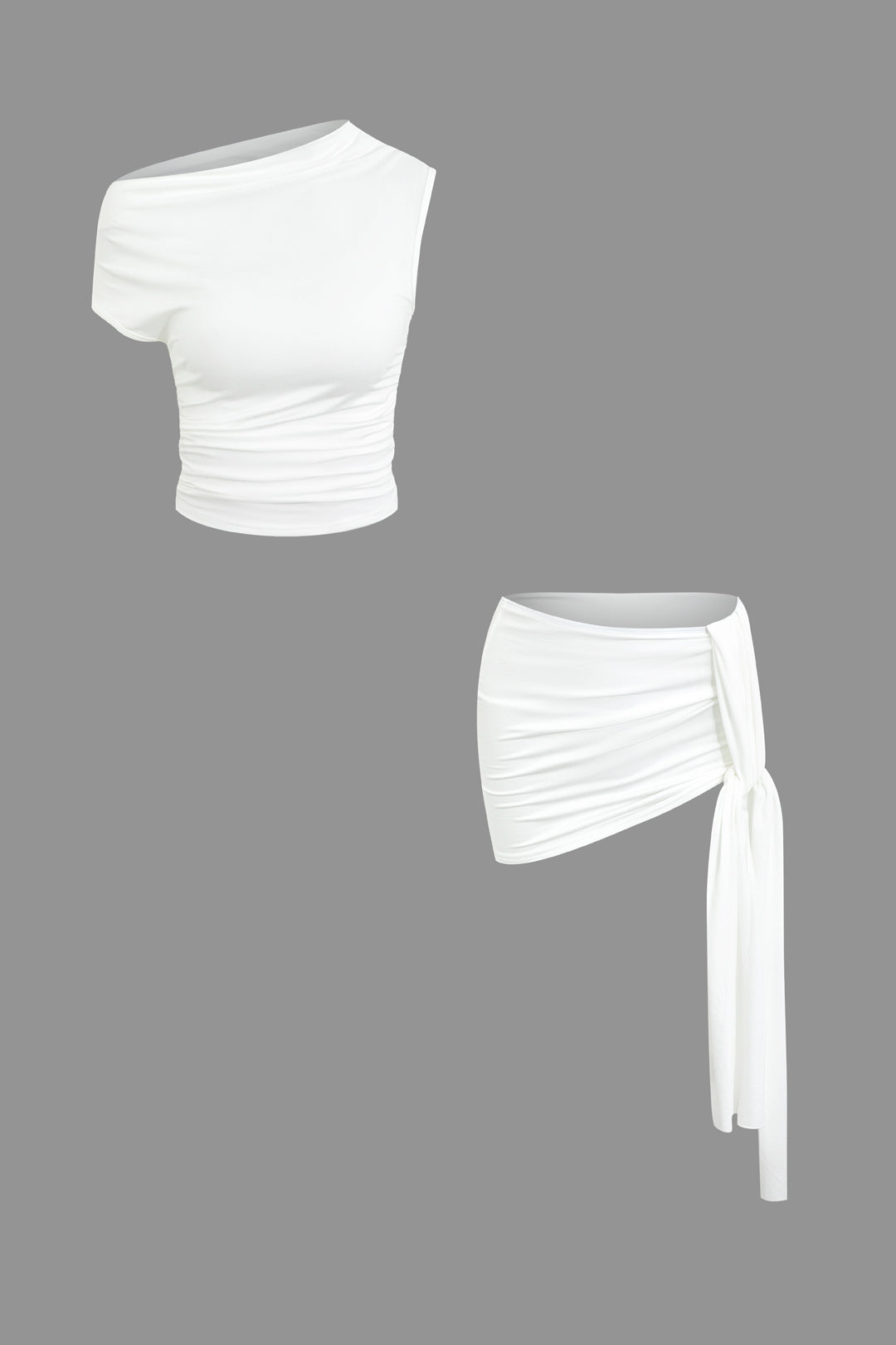 Simple asymmetrical ruffle crop top and tie mini skirt set 