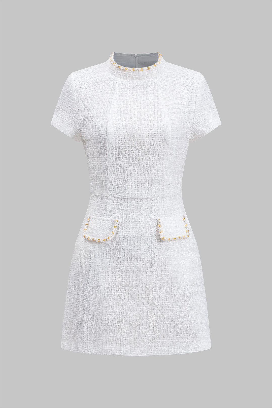 Bead Fake Pocket Zipper Mini Dress with Short Sleeves 