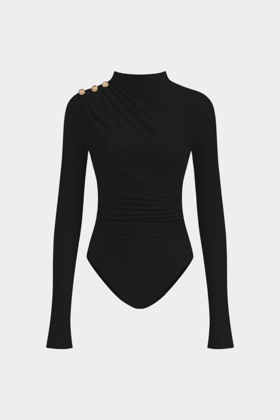 Asymmetrical Button Ruched Long Sleeve Bodysuit 