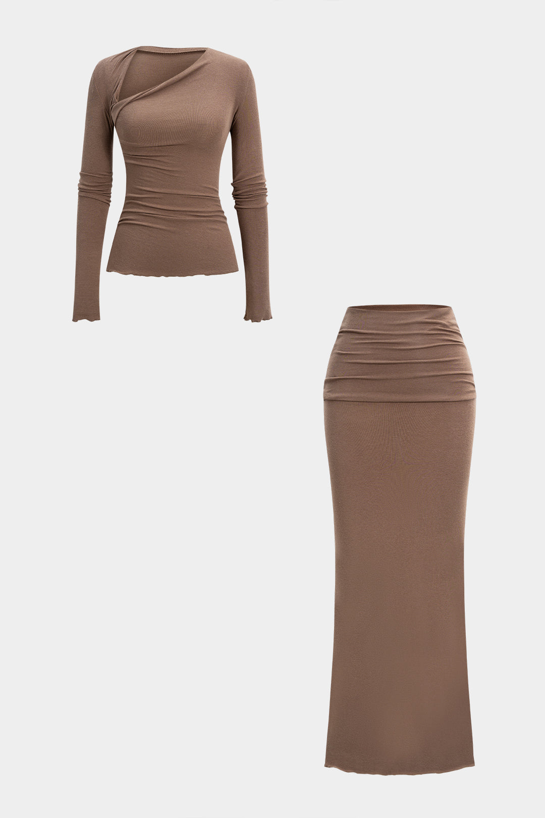 Asymmetrical Neck Ruched Long-Sleeve Top And High Waist Skirt Set