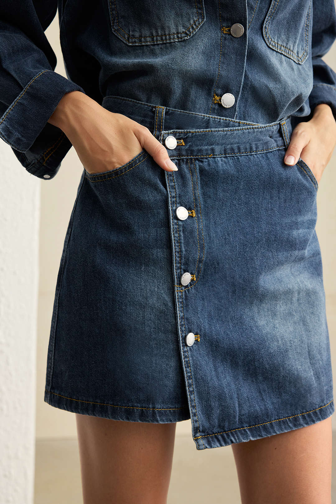 Denim Button Long-Sleeve Top And High Waist Mini Skirt Set 