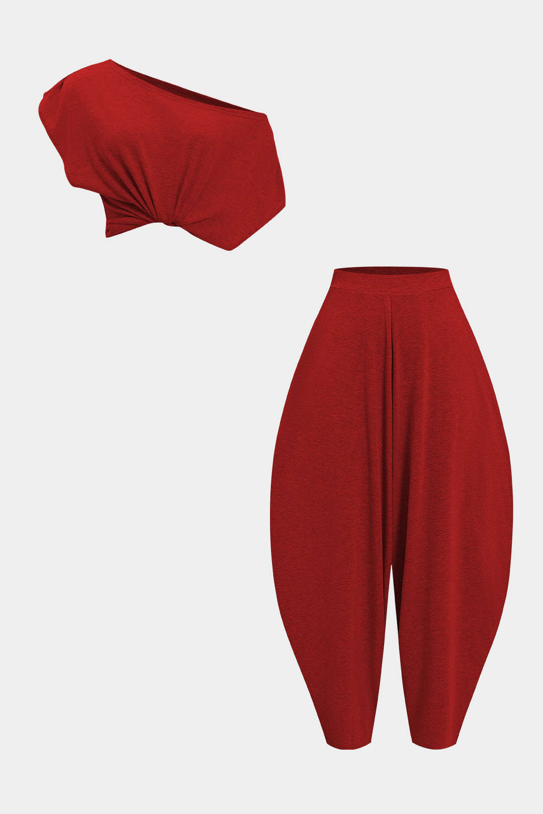 Asymmetric top and barrel trouser set 
