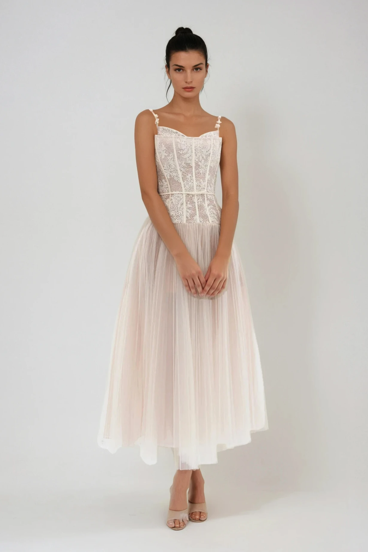 Dash Corset Mesh Ruffle Maxi Dress