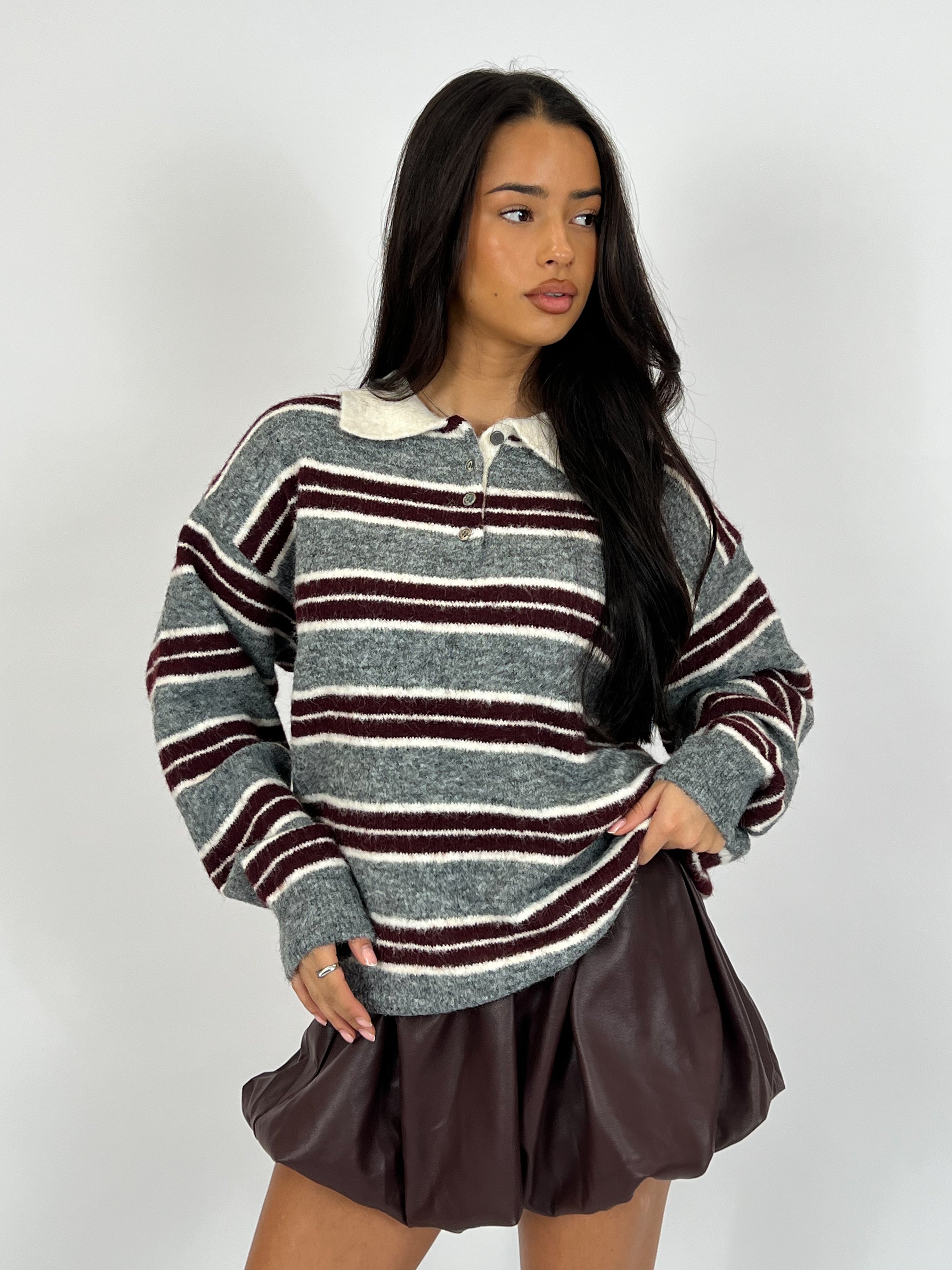 ULTRA SOFT STRIPED POLO KNIT GRAY/BORDEAUX