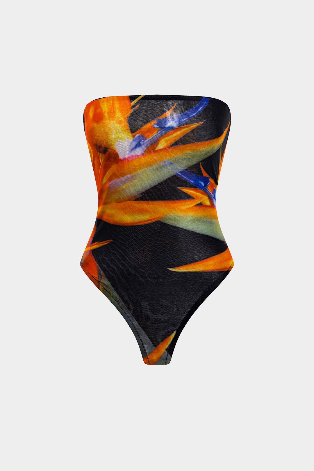 Abstract Print Mesh Strapless Bodysuit 