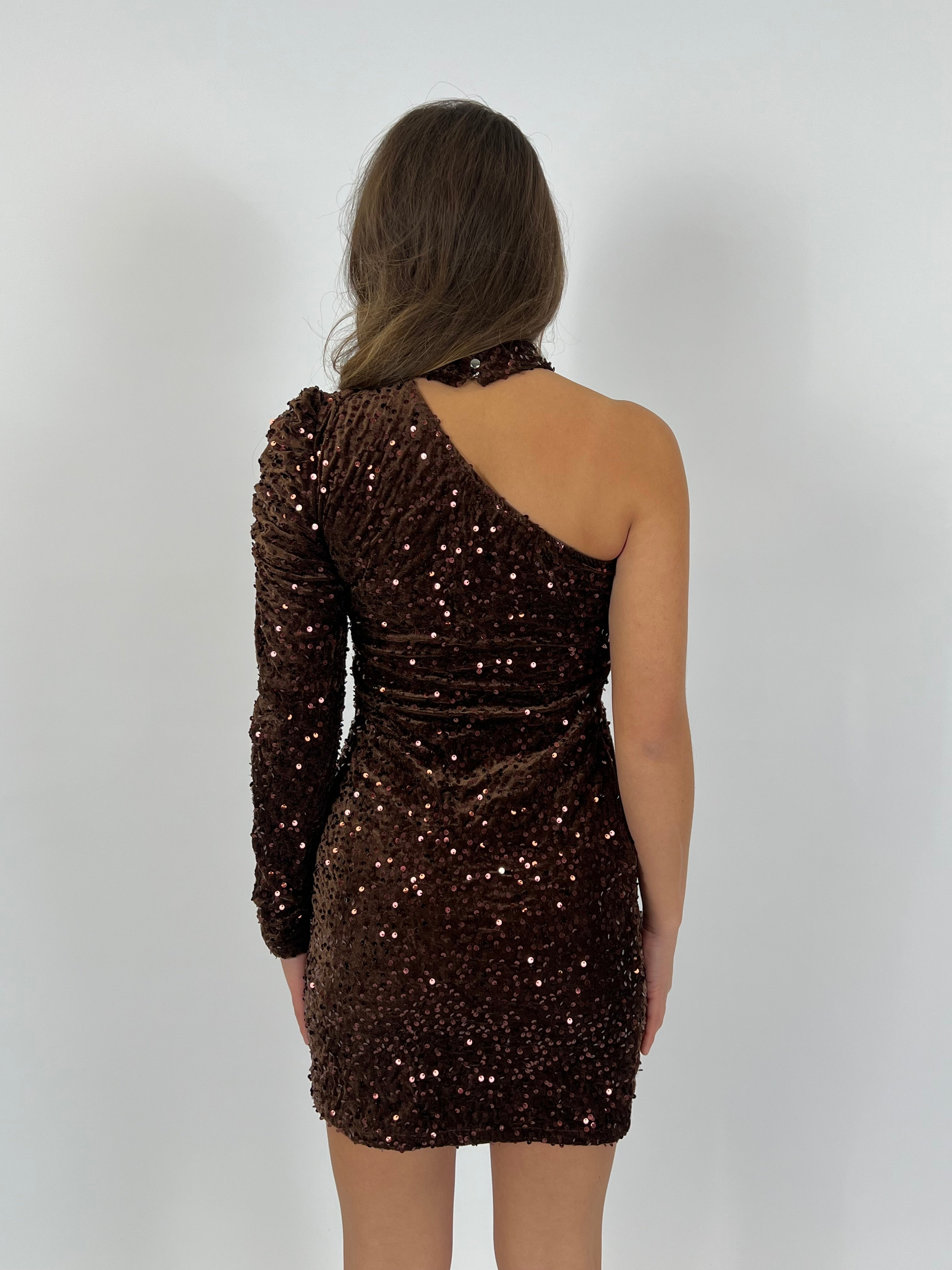 ONE SHOULDER SEQUIN DRESS BROWN