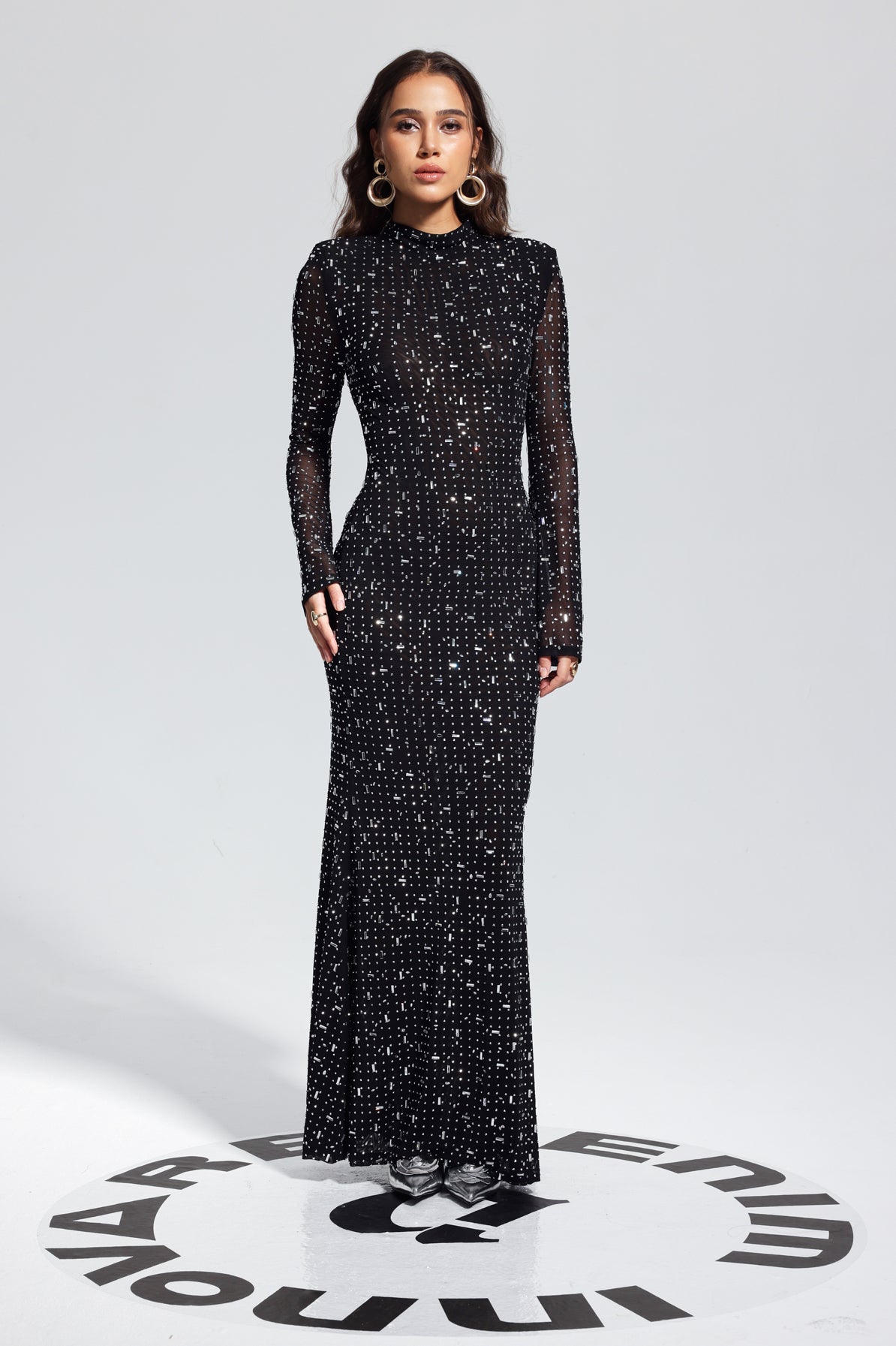 Rhinestone Bodycon Long Sleeves Maxi Dress – Elegant and Glamorous Fit