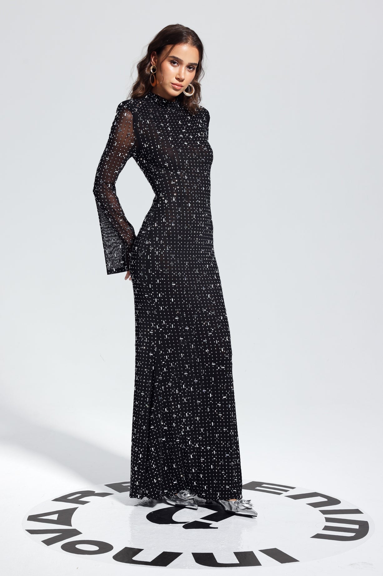 Rhinestone Bodycon Long Sleeves Maxi Dress – Elegant and Glamorous Fit
