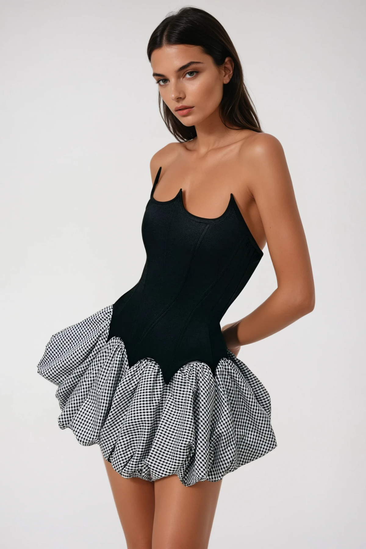Aragog Asymmetric Strapless Grid Mini Dress