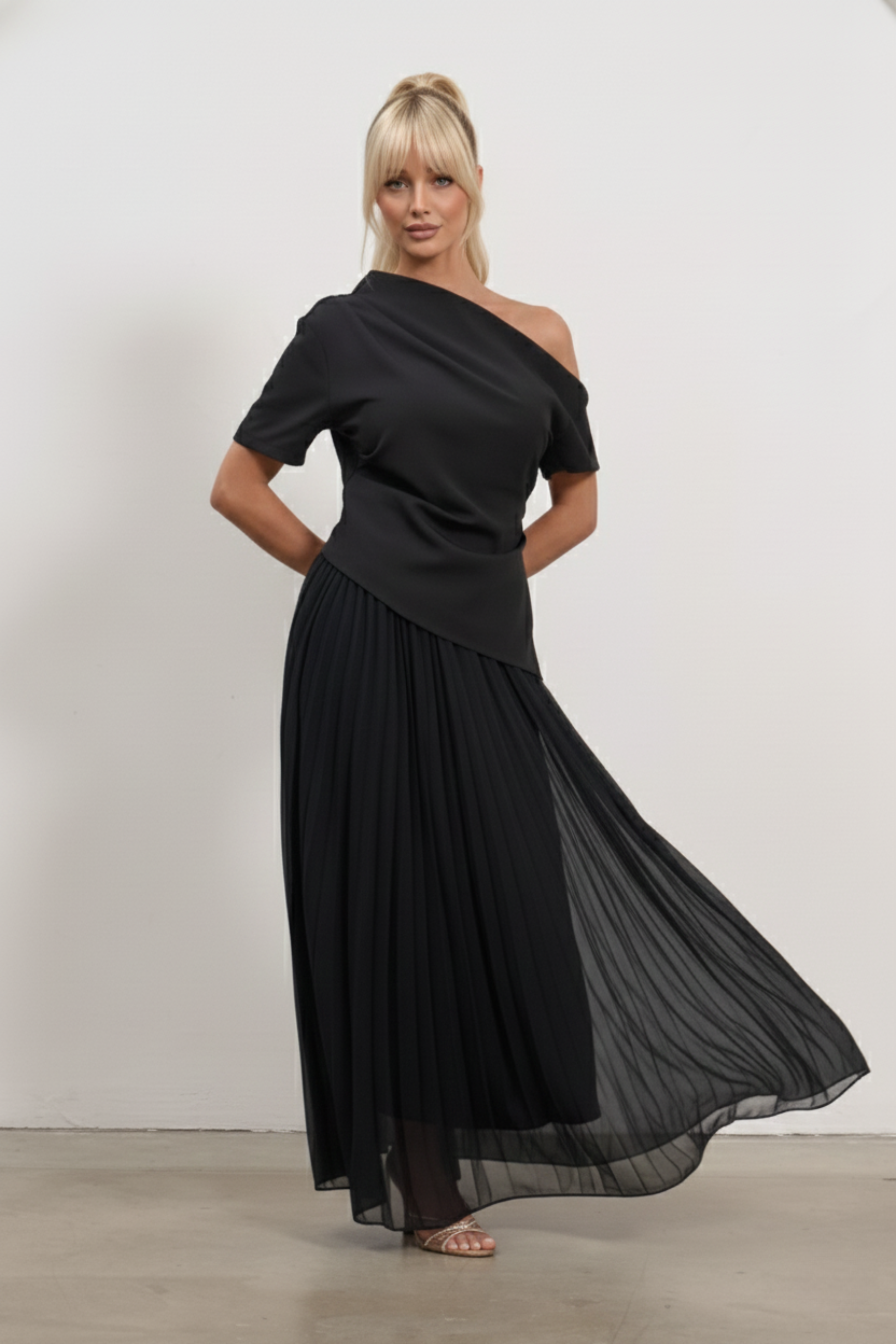 Asymmetrical Draped Top – One-Shoulder Elegant Top | BLACK 2