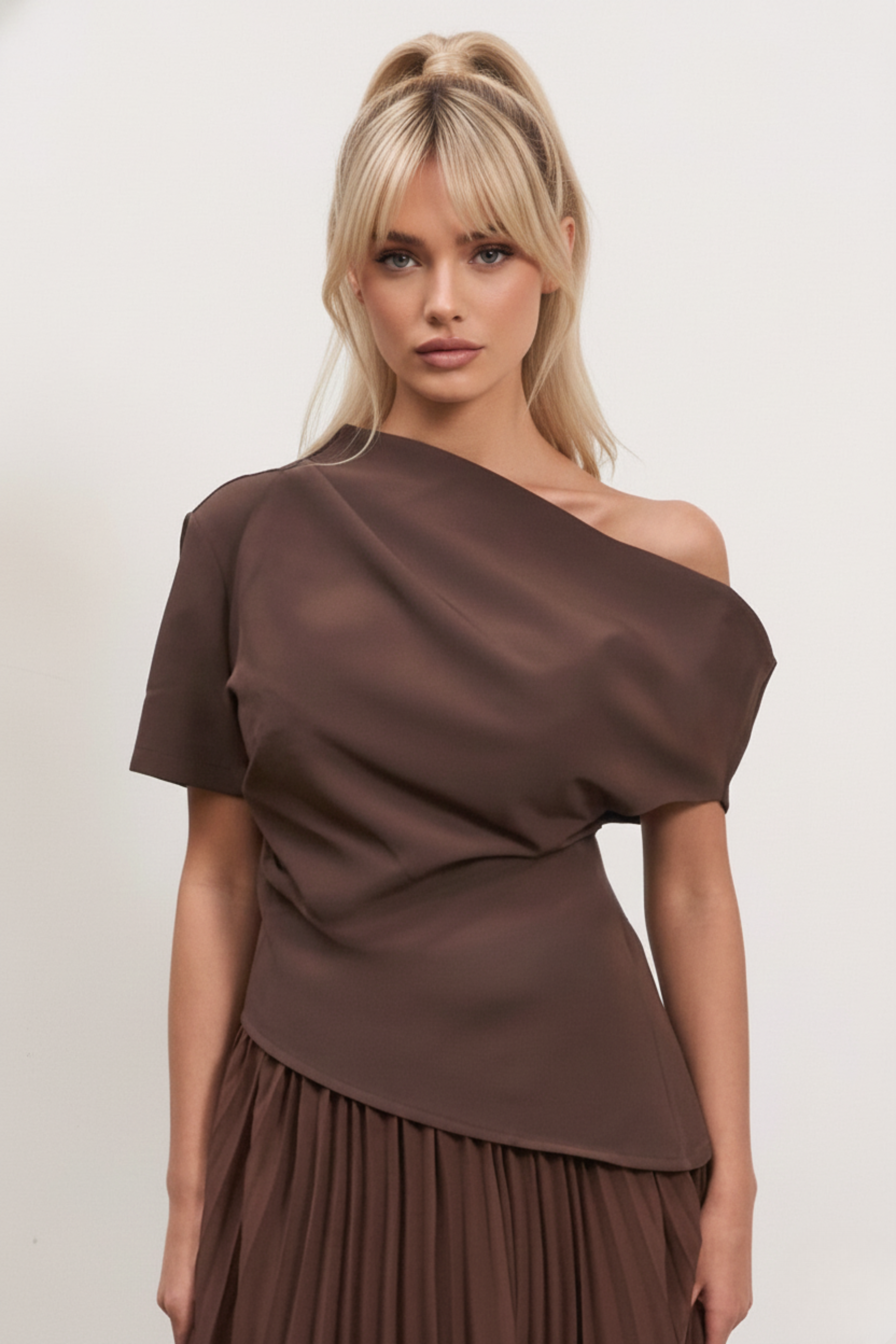 Asymmetrical Draped Top – One-Shoulder Elegant Top | BROWN 3