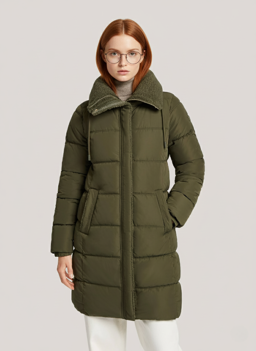 Ayla Memory Twill Long Puffer Jacket – Warm & Stylish Winter Essential | GREEN 1