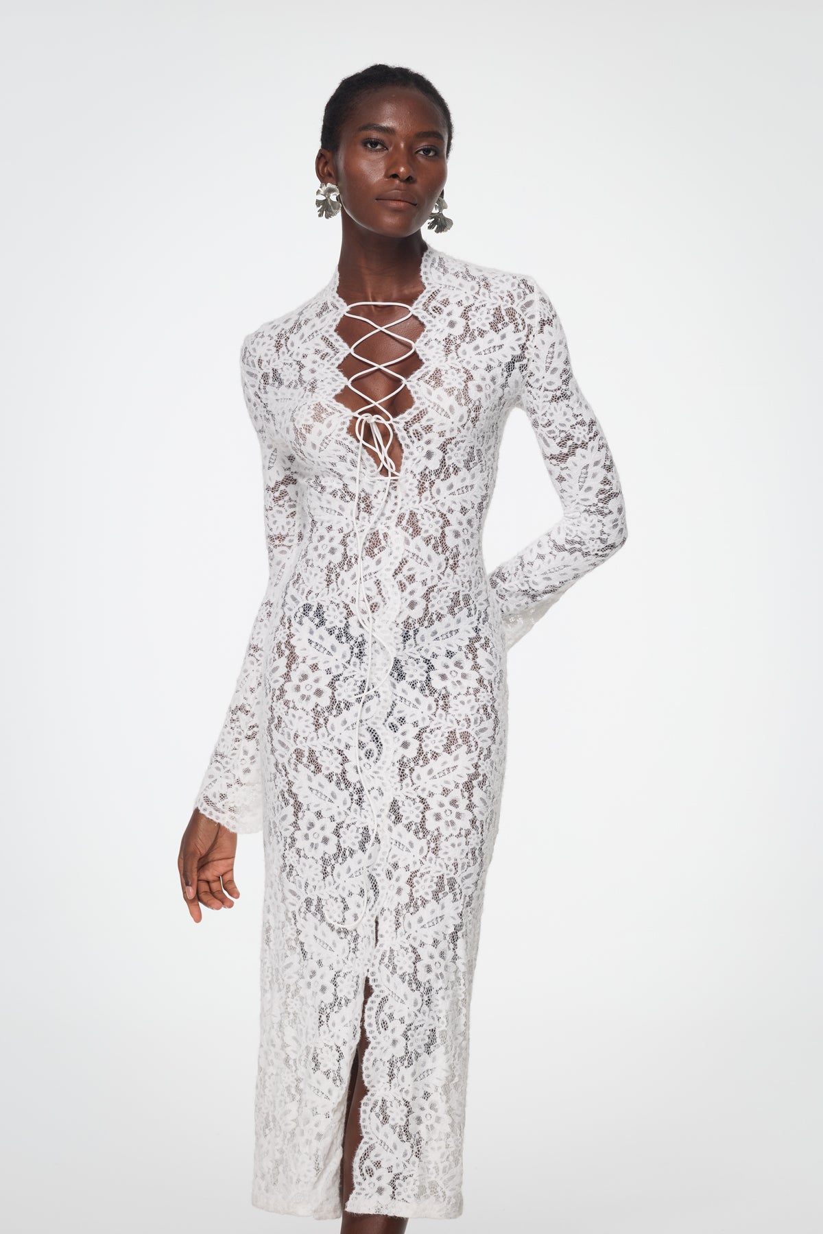 Babirye Plunge Lace Split Maxi Dress
