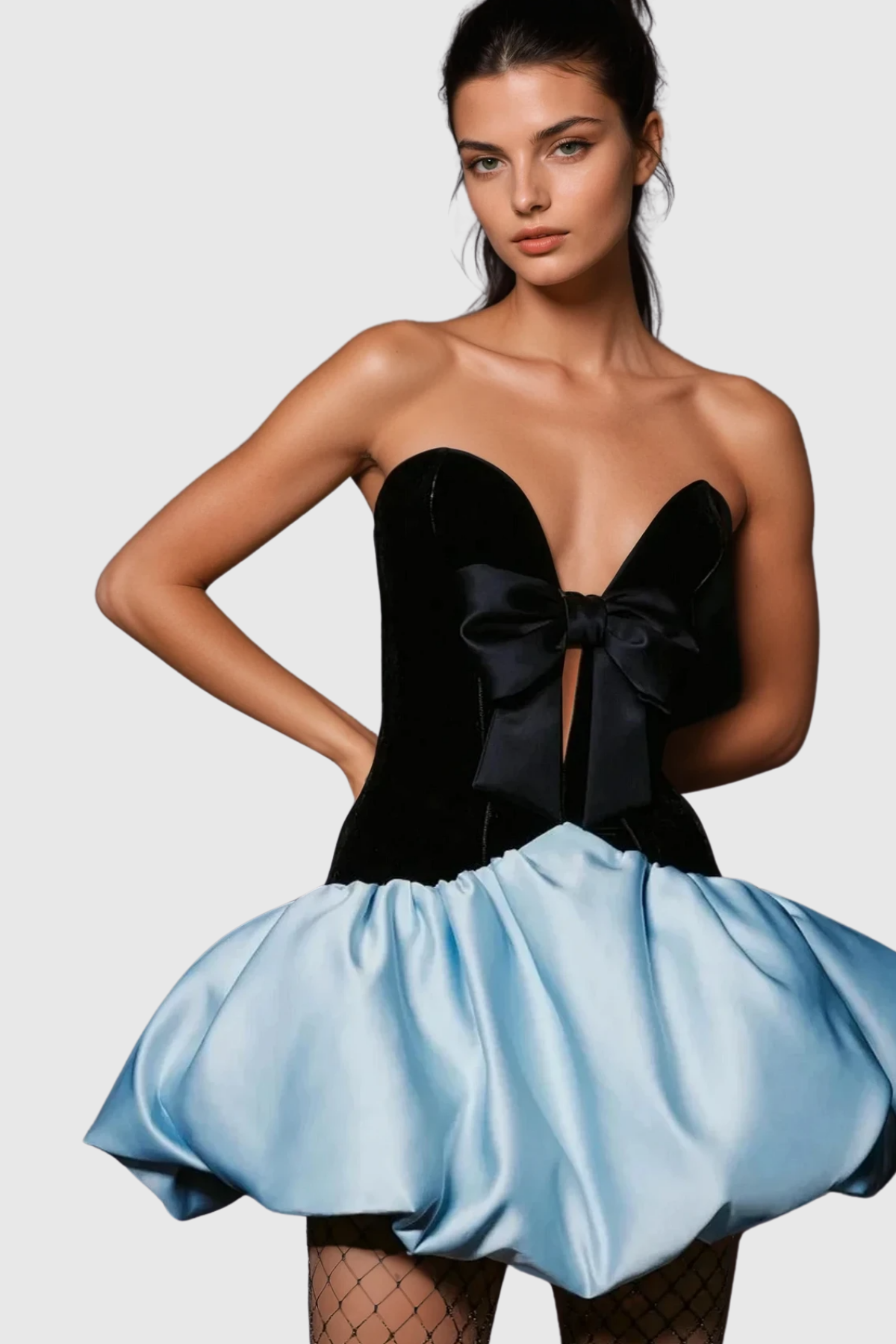 Bastian Strapless Bow Satin Puffy Mini Dress